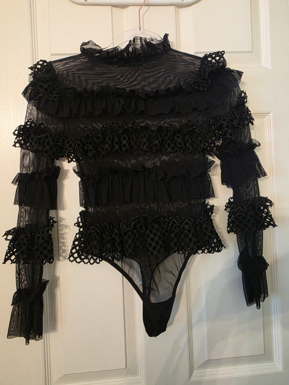 OW Collection Black Grace Mesh Ruffle Bodysuit.